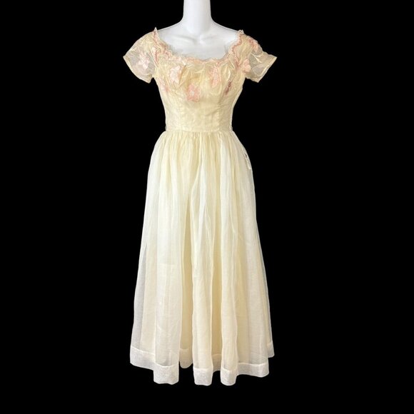 Harry Keiser Party Dress Yellow Organza Flower Applique Size 6 Vintage 1950s - Picture 1 of 12